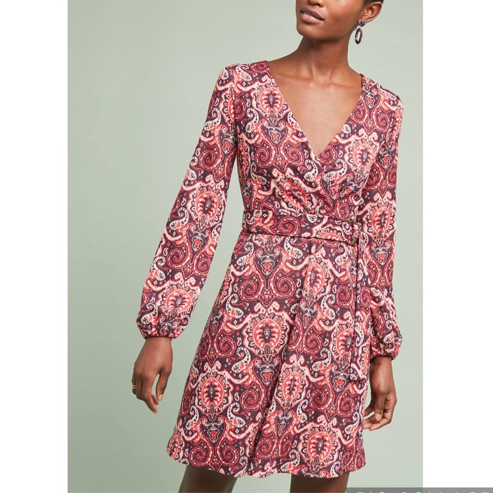 Maeve by Anthropologie Paisley Belted Dress Long Sleeve